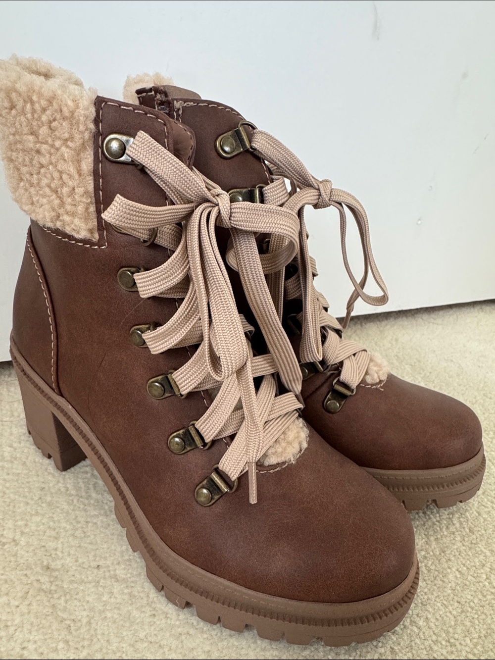 Women’s Brown Faux-Shearling Lace-Up Ankle Boots